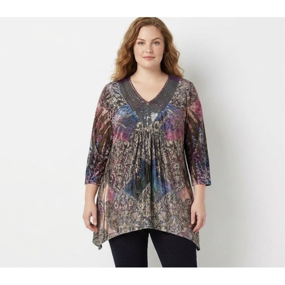 New Style & Co Purple Brown 3/4 Sleeve Sequins Velvet‎ Lace Stretch Boho Top XL